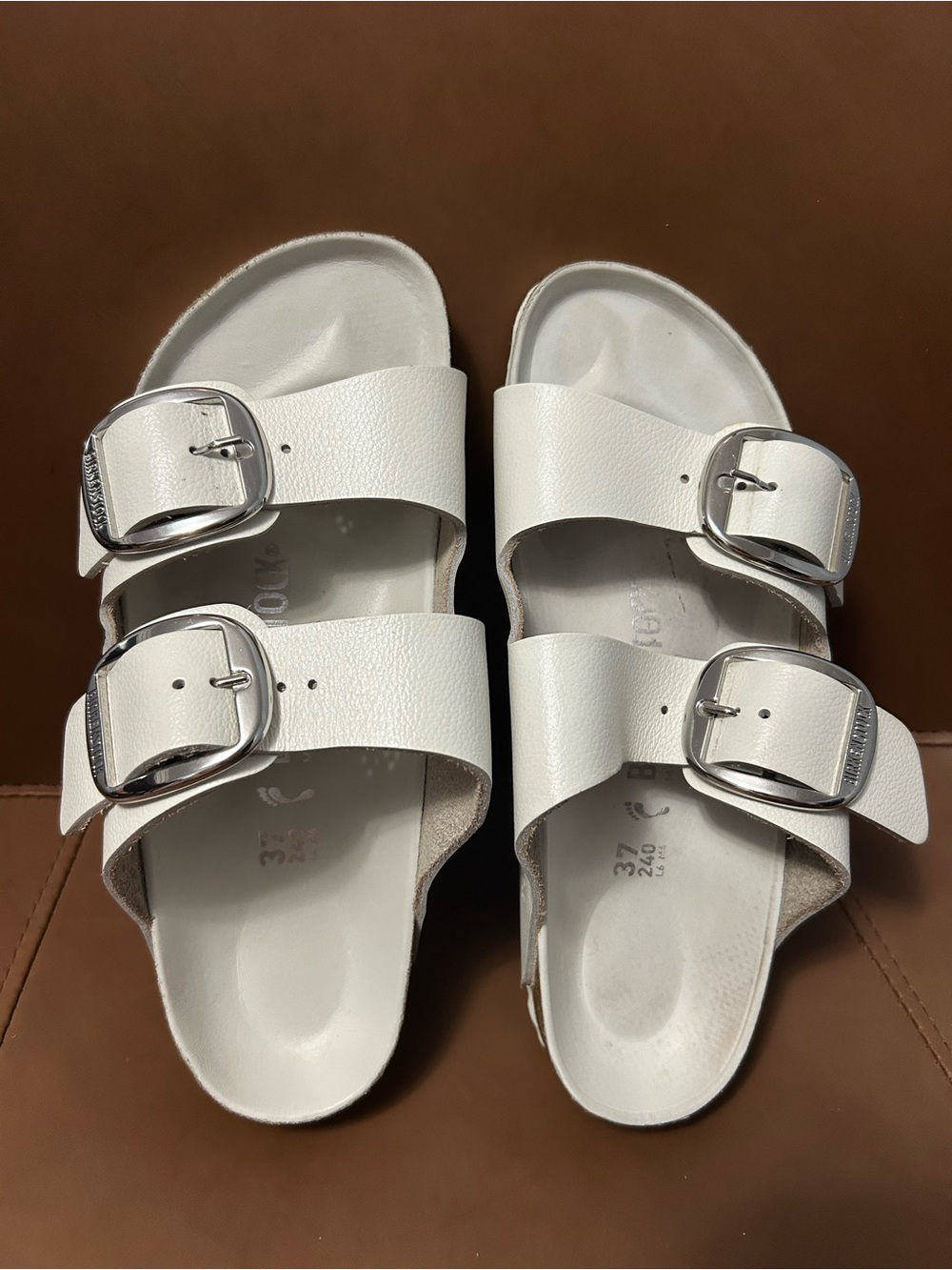 Birkenstock White Two-Buckle Slide Sandals with Silver Buckles